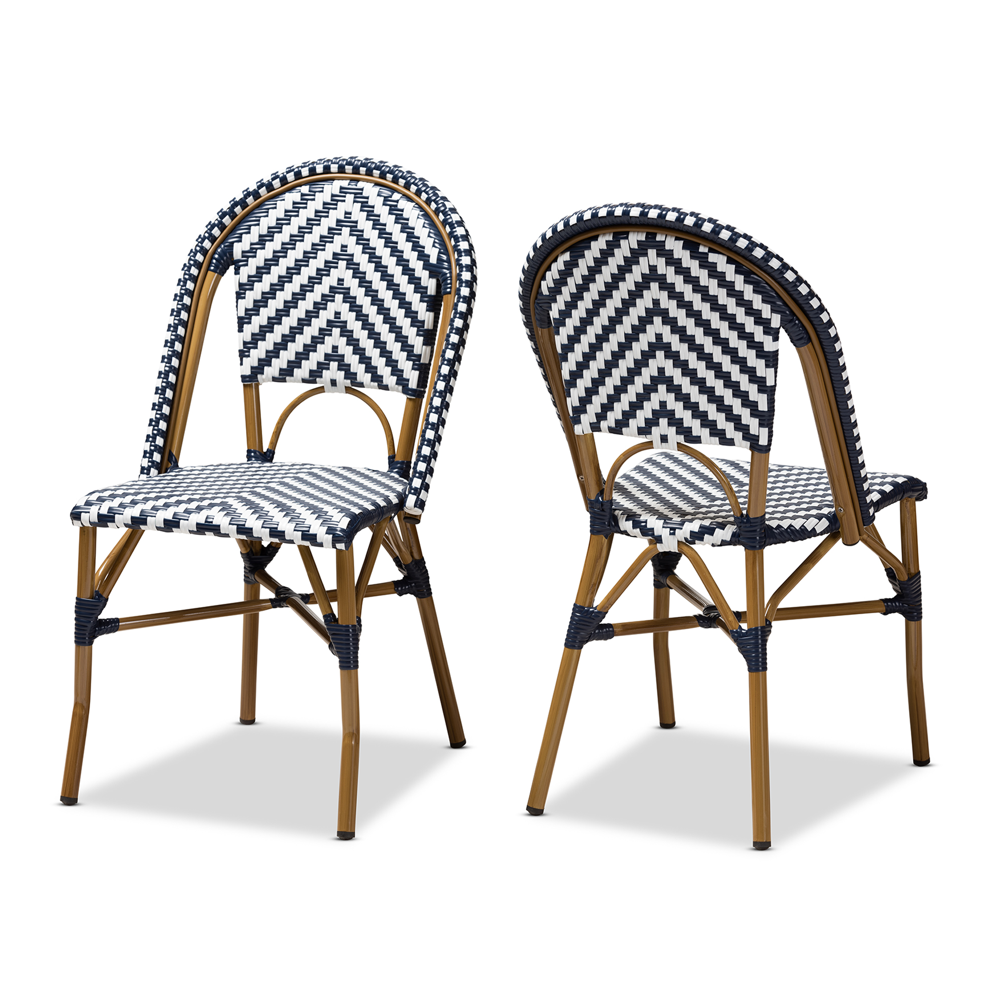 Baxton Studio Celie Classic French Indoor and Outdoor Blue and White Bamboo Style Stackable Bistro Dining Chair Set of 2